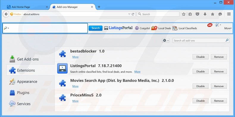 Removing home.tb.ask.com related Mozilla Firefox extensions