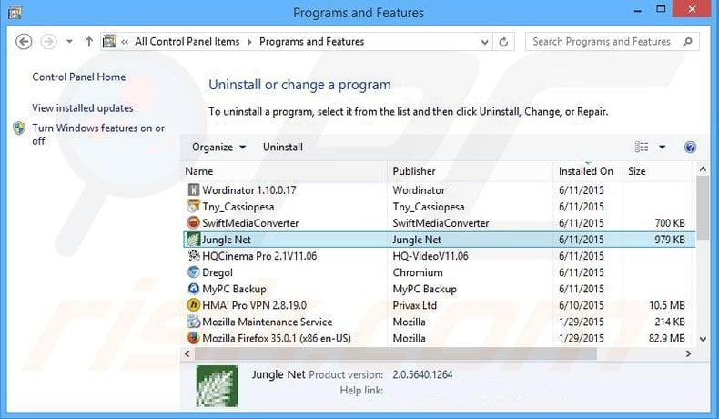 Jungle Net adware uninstall via Control Panel