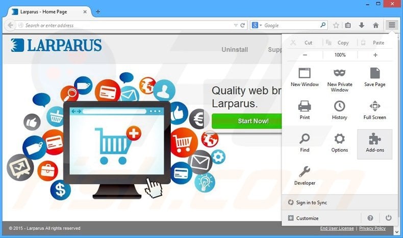 Removing Larparus ads from Mozilla Firefox step 1