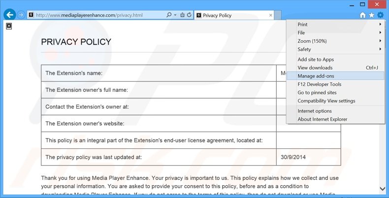 Removing MediaPlayerVid0 ads from Internet Explorer step 1