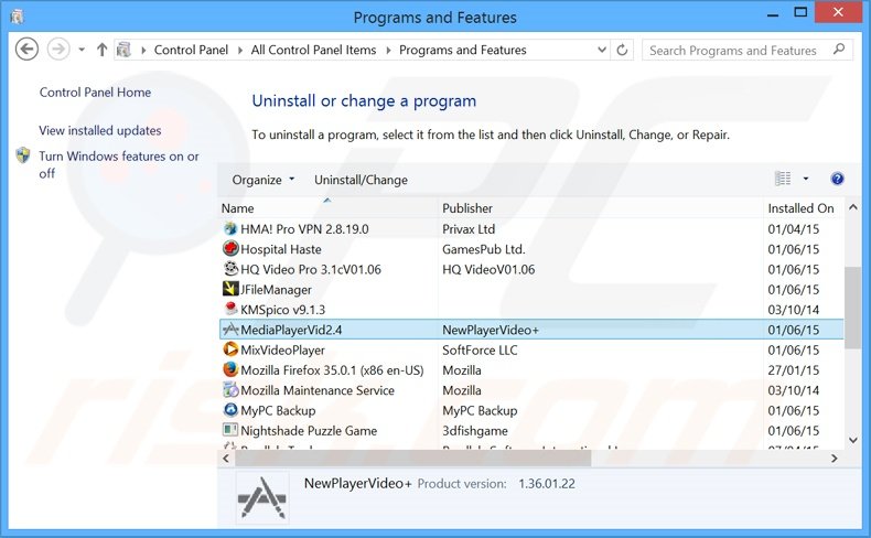 MediaPlayerVid0 adware uninstall via Control Panel