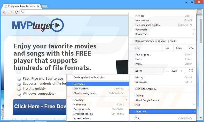 Removing MVPlayer  ads from Google Chrome step 1