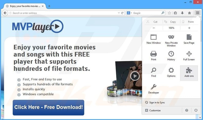 Removing MVPlayer ads from Mozilla Firefox step 1