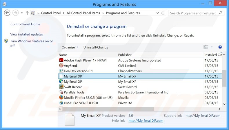 search.myemailxp.com browser hijacker uninstall via Control Panel