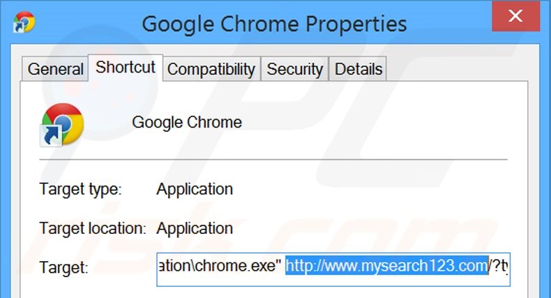 Removing mysearch123.com from Google Chrome shortcut target step 2
