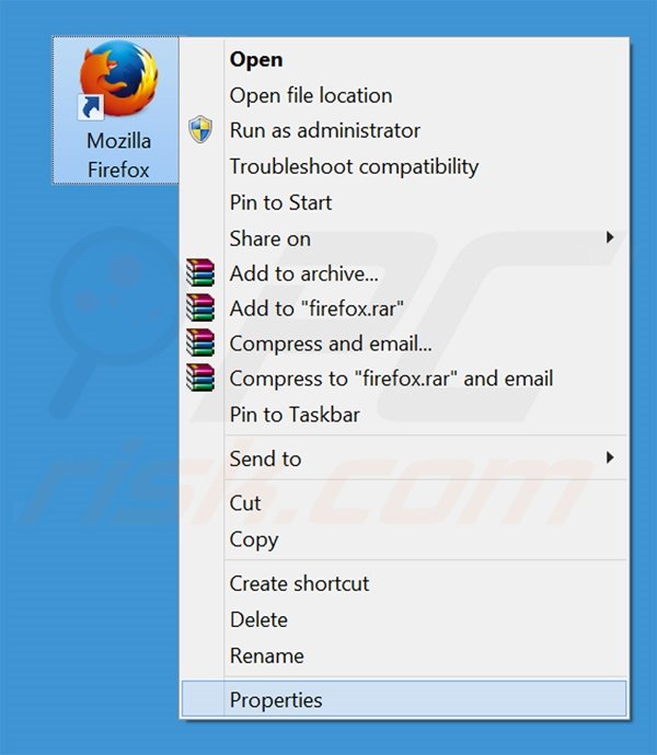 Removing mysearch123.com from Mozilla Firefox shortcut target step 1