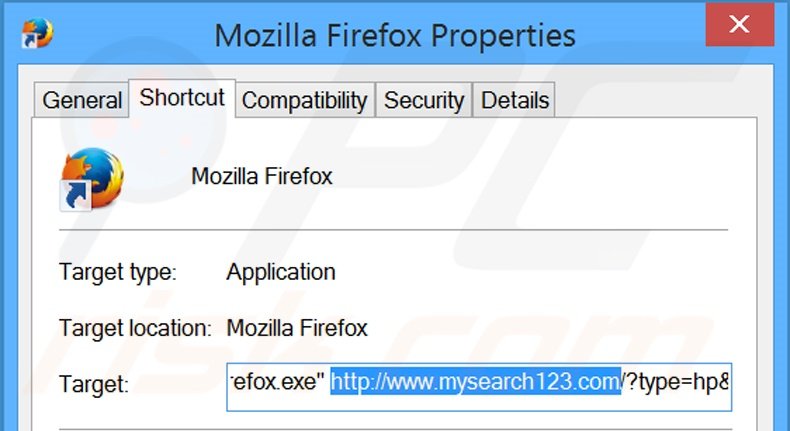 Removing mysearch123.com from Mozilla Firefox shortcut target step 2