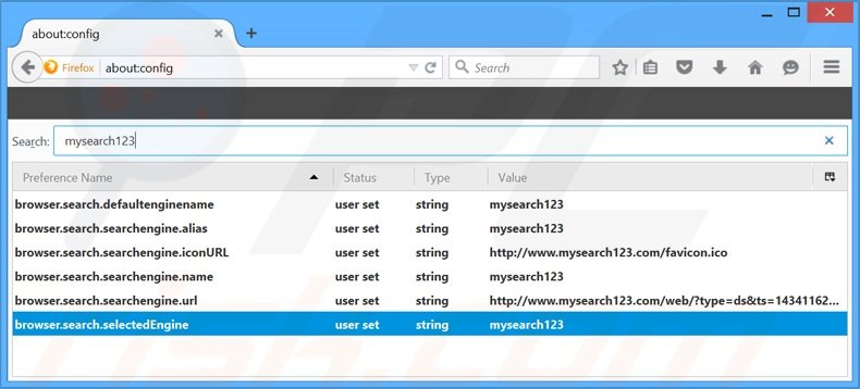 Removing mysearch123.com from Mozilla Firefox default search engine
