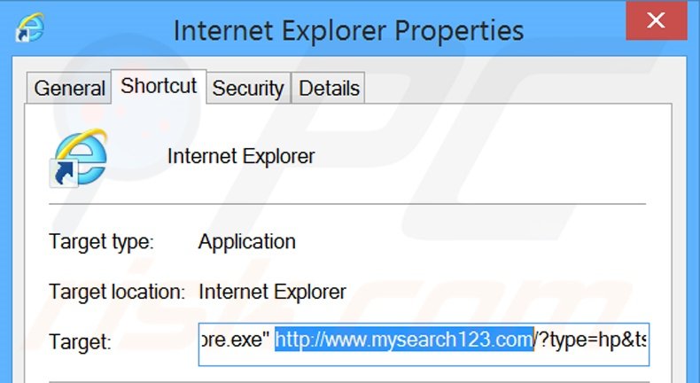 Removing mysearch123.com from Internet Explorer shortcut target step 2