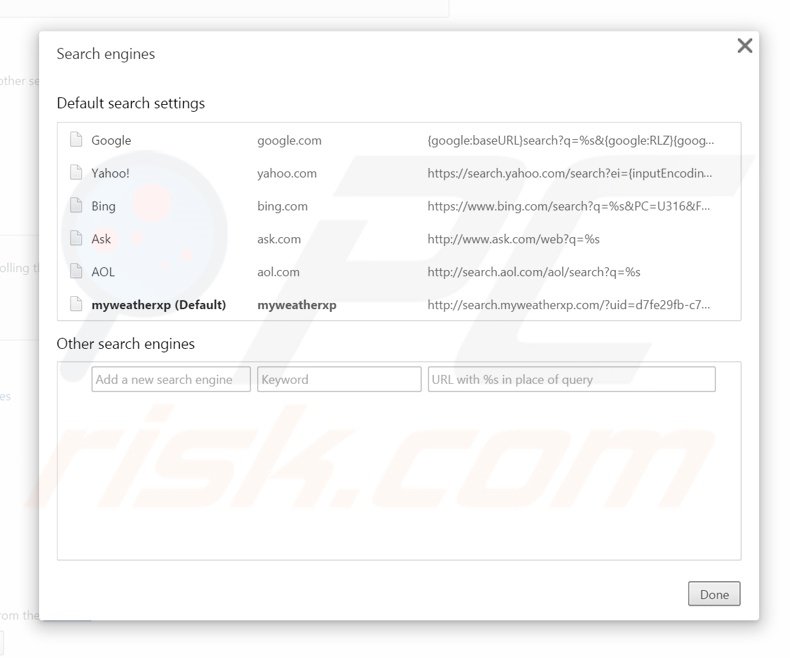 Removing search.myweatherxp.com from Google Chrome default search engine