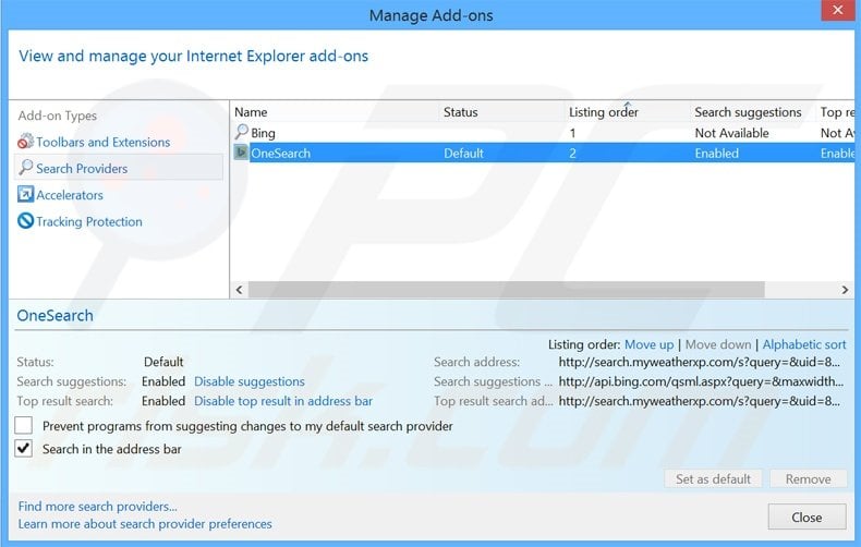 Removing search.myweatherxp.com from Internet Explorer default search engine