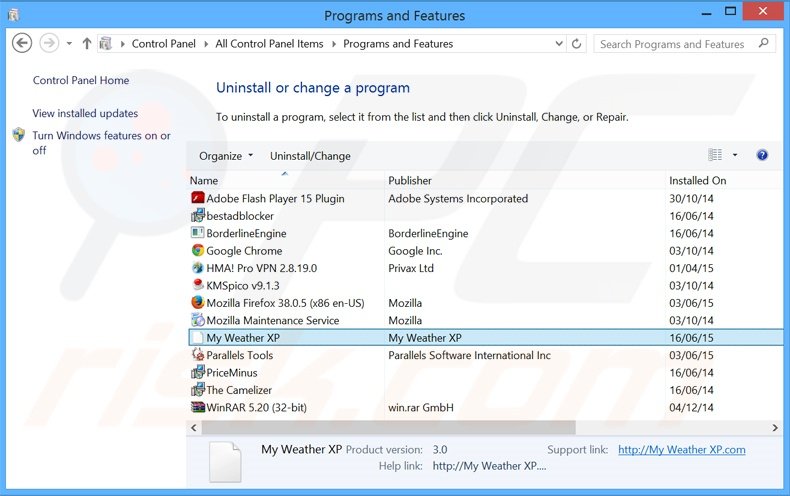 search.myweatherxp.com browser hijacker uninstall via Control Panel