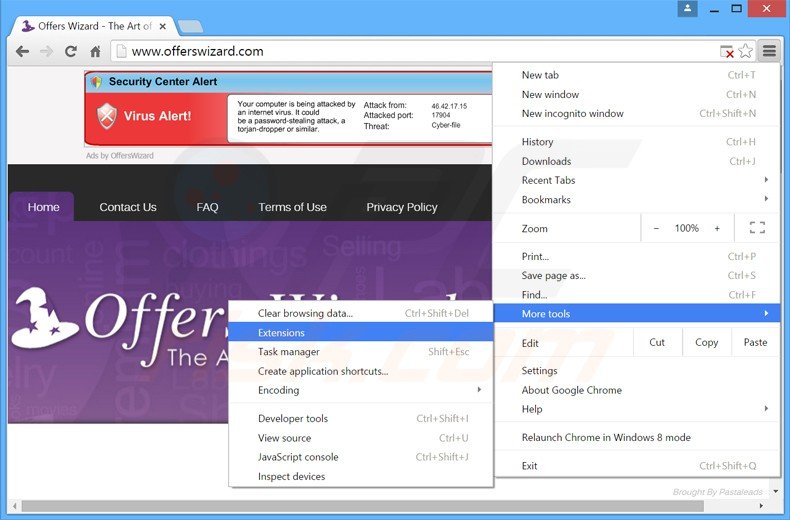 Removing offerswizard ads from Google Chrome step 1