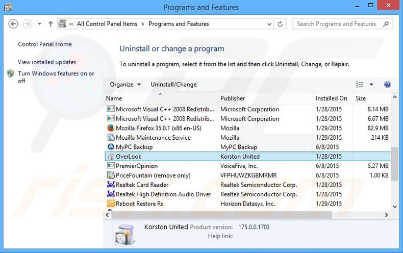 OverLook adware uninstall via Control Panel