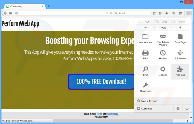 Removing PerformWeb App ads from Mozilla Firefox step 1
