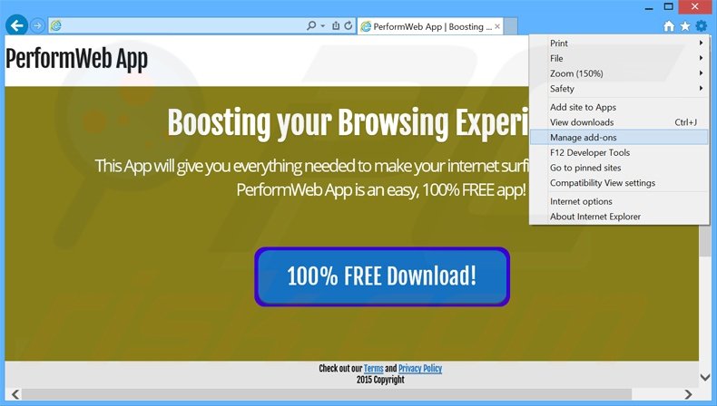 Removing PerformWeb App ads from Internet Explorer step 1