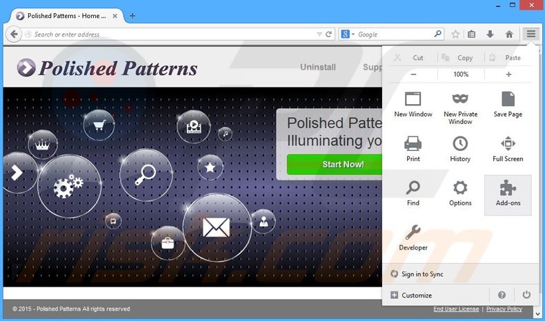 Removing Polished Patterns ads from Mozilla Firefox step 1