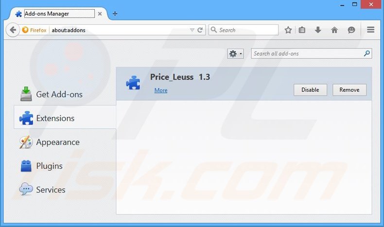 Removing Price Less ads from Mozilla Firefox step 2