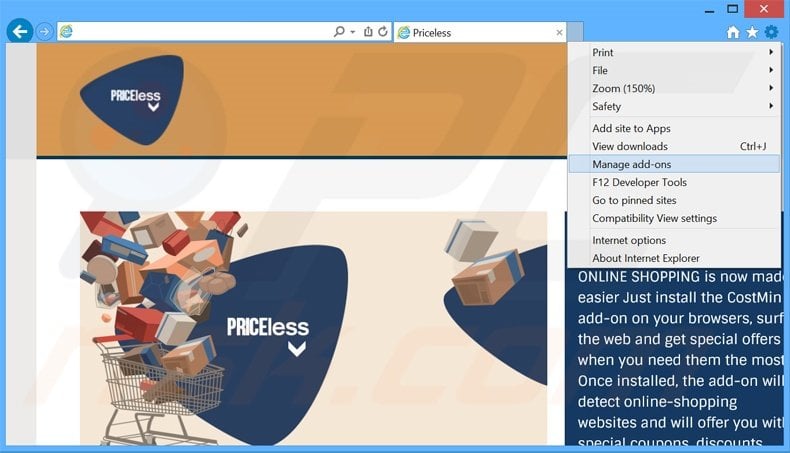 Removing Price Less ads from Internet Explorer step 1