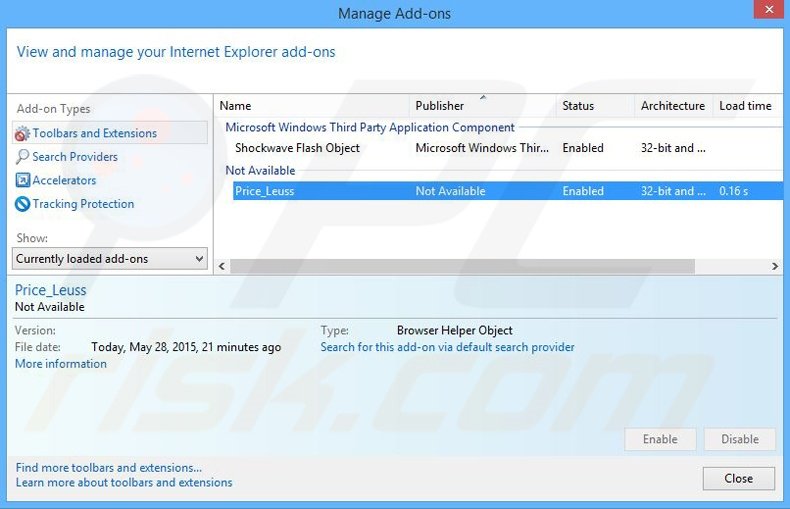 Removing Price Less ads from Internet Explorer step 2