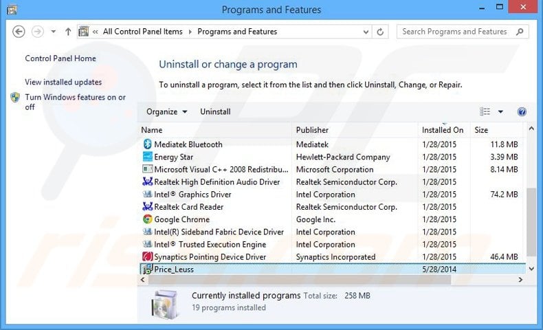 Price Less adware uninstall via Control Panel