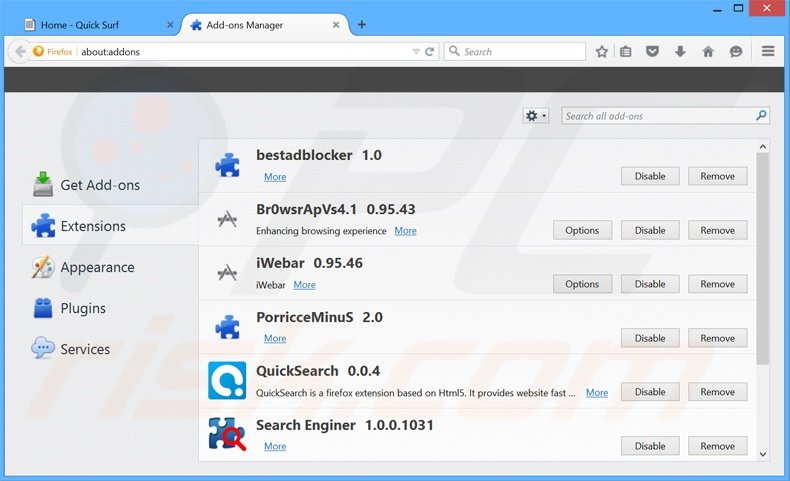 Removing Quick Surf ads from Mozilla Firefox step 2