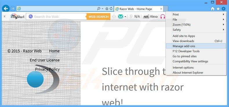 Removing razor web ads from Internet Explorer step 1