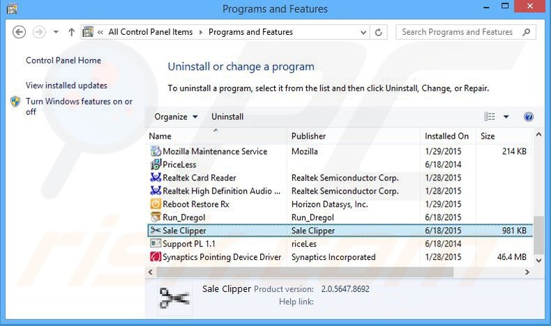 Sale Clipper adware uninstall via Control Panel