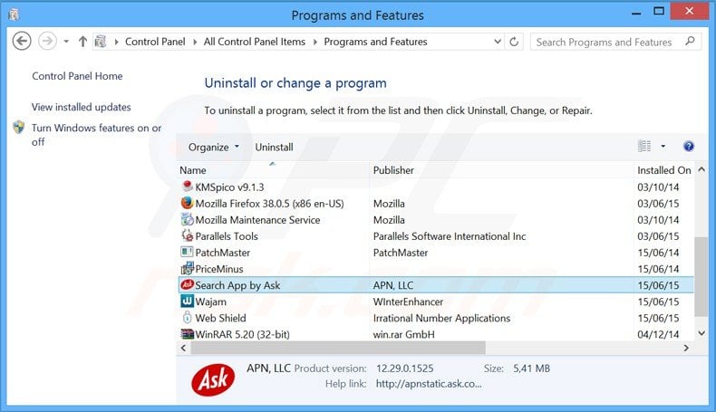 search.ask.com application uninstall via Control Panel