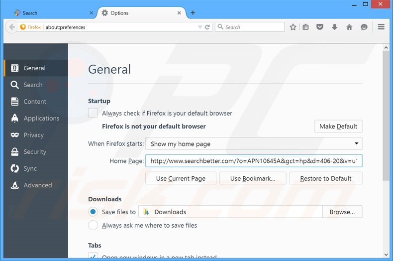 Removing searchbetter.com from Mozilla Firefox homepage