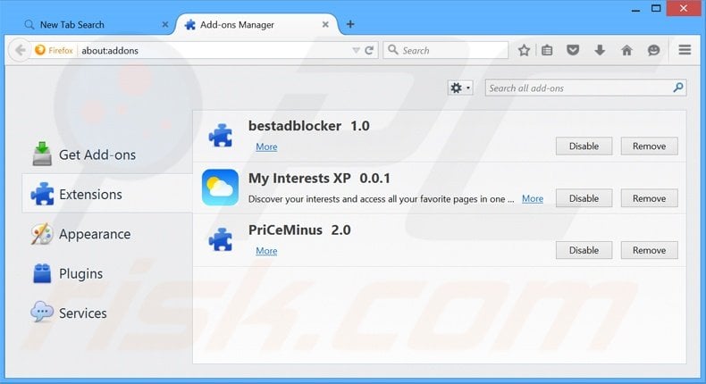 Removing search.myinterestsxp.com related Mozilla Firefox extensions