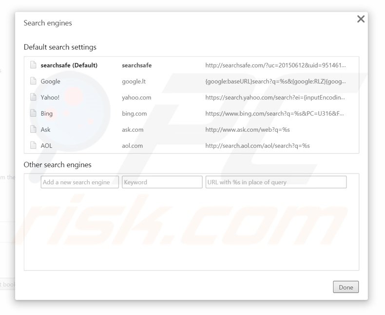 Removing searchsafe.com from Google Chrome default search engine