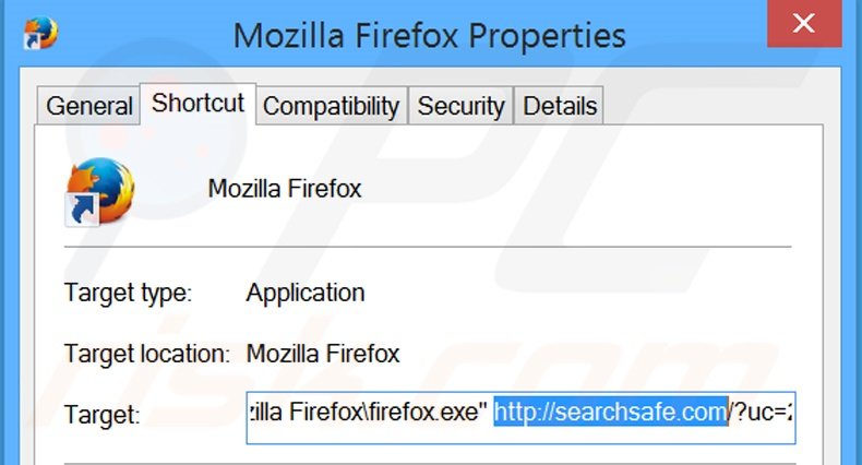 Removing searchsafe.com from Mozilla Firefox shortcut target step 2