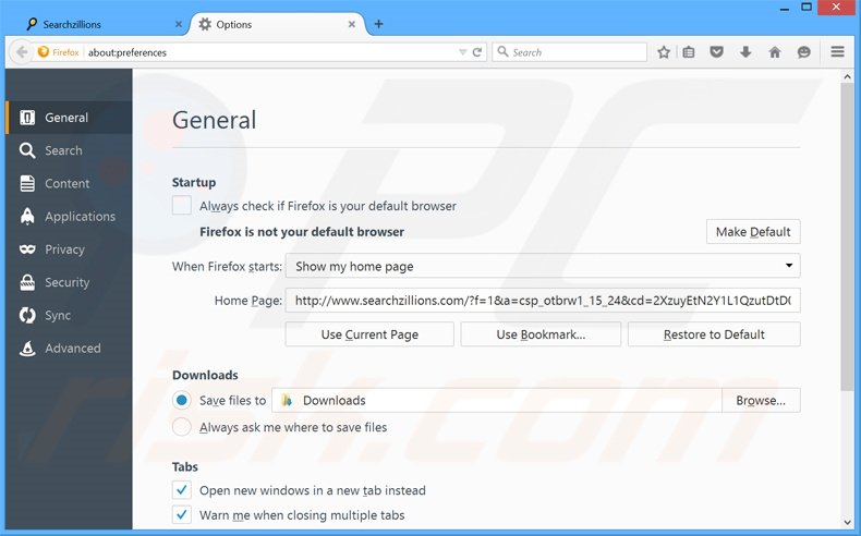 Removing searchzillions.com from Mozilla Firefox homepage