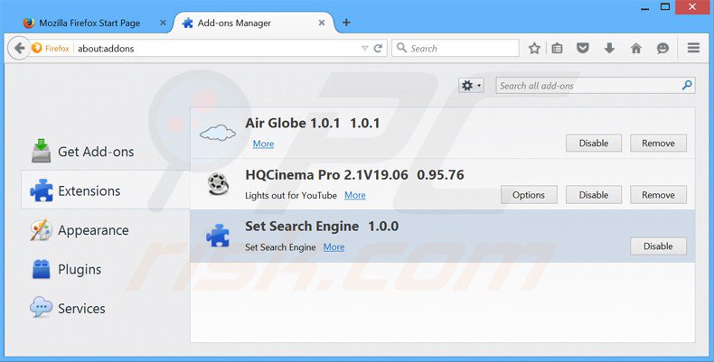 Removing serfsearch.com related Mozilla Firefox extensions