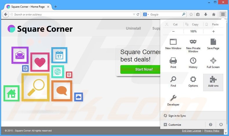 Removing Square Corner ads from Mozilla Firefox step 1