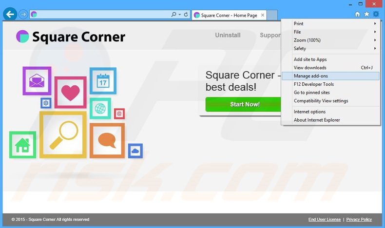 Removing Square Corner ads from Internet Explorer step 1