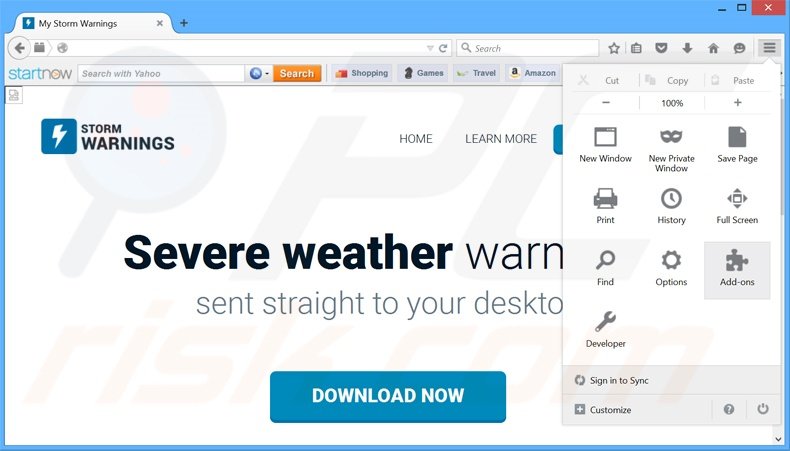 Removing Storm Warnings ads from Mozilla Firefox step 1