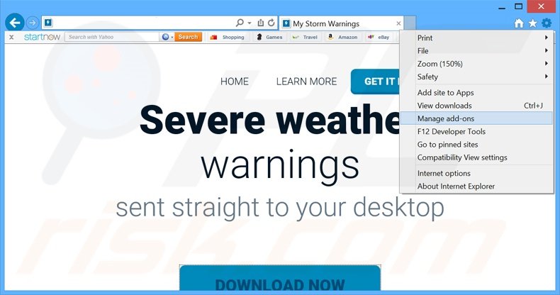 Removing Storm Warnings ads from Internet Explorer step 1