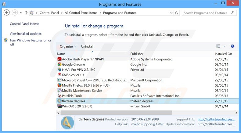 thirteen degrees adware uninstall via Control Panel