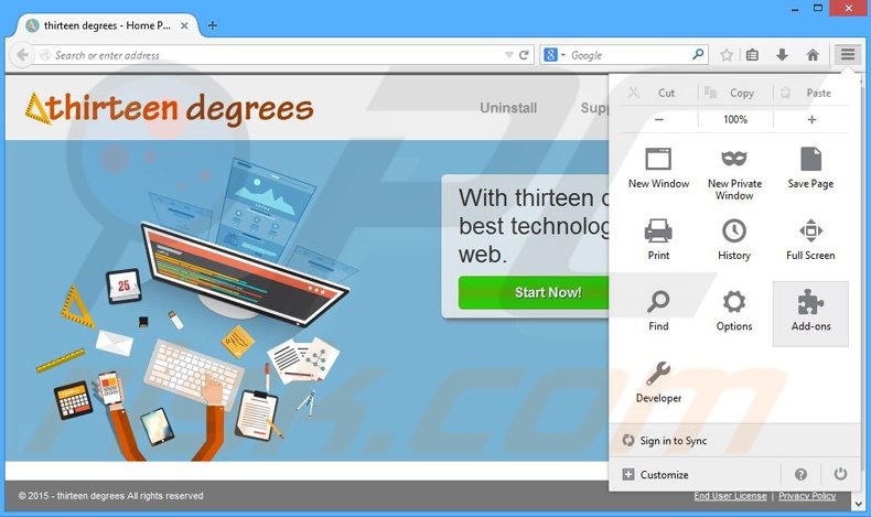 Removing thirteen degrees ads from Mozilla Firefox step 1