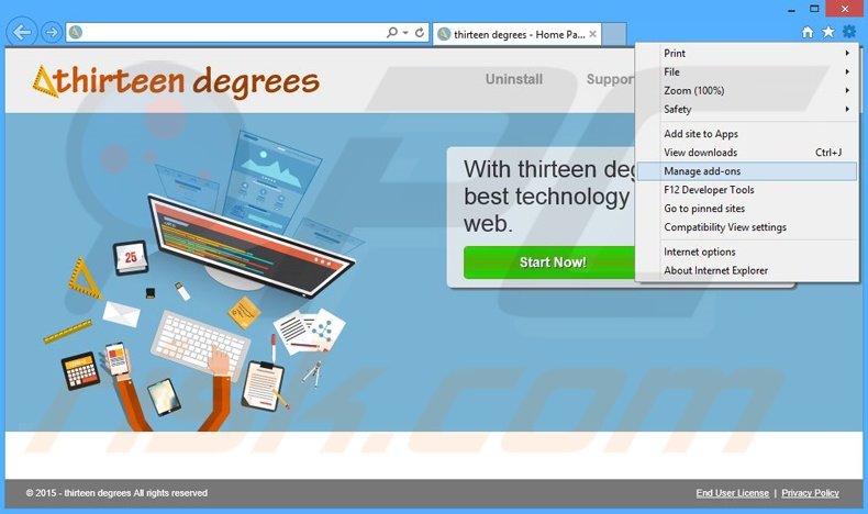 Removing thirteen degrees ads from Internet Explorer step 1