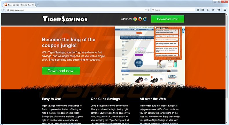 Tiger Savings adware homepage