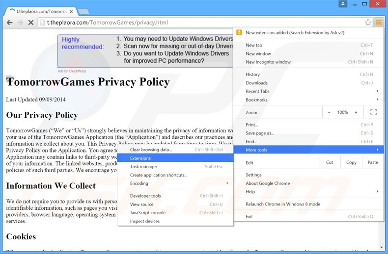 Removing TomorrowGames  ads from Google Chrome step 1