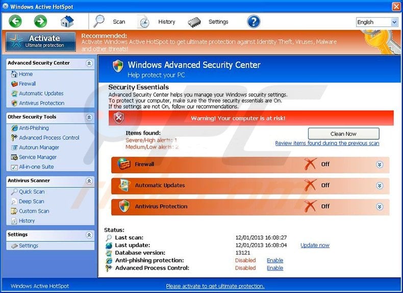 Windows Active Hotspot fake antivirus program