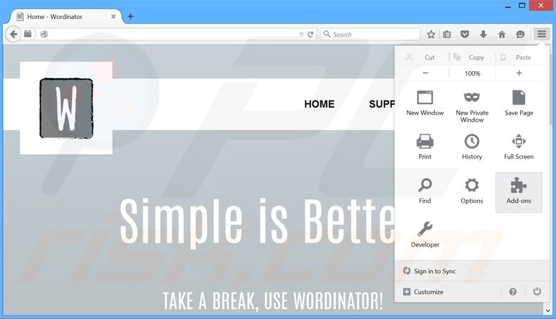 Removing Wordinator ads from Mozilla Firefox step 1