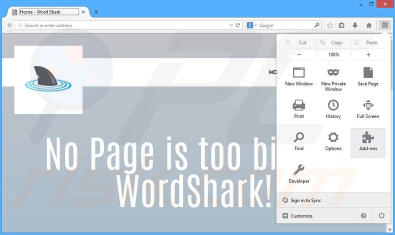 Removing Word Shark ads from Mozilla Firefox step 1
