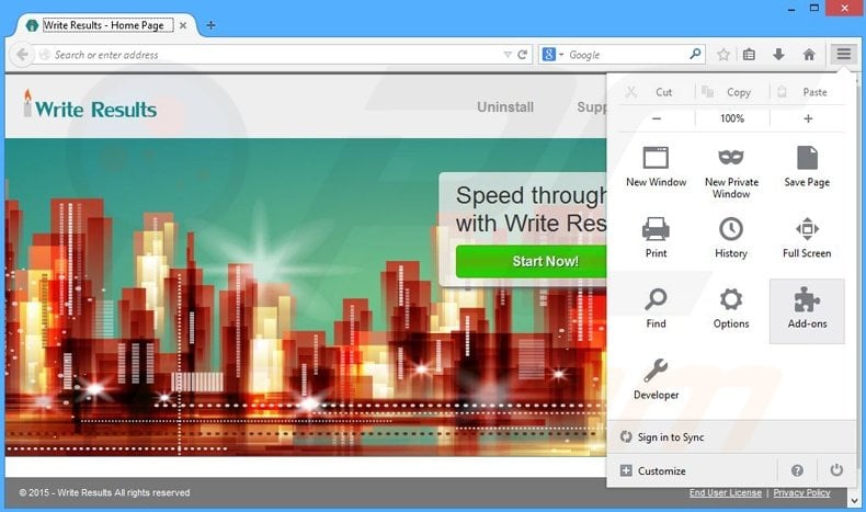Removing Write Results ads from Mozilla Firefox step 1