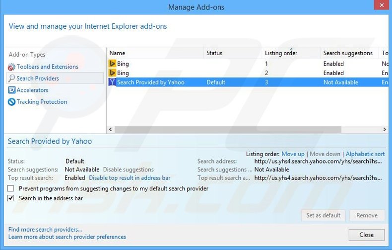 Removing yhs4.search.yahoo.com from Internet Explorer default search engine