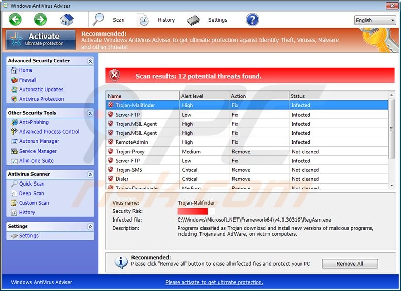 windows antivirus adviser main window